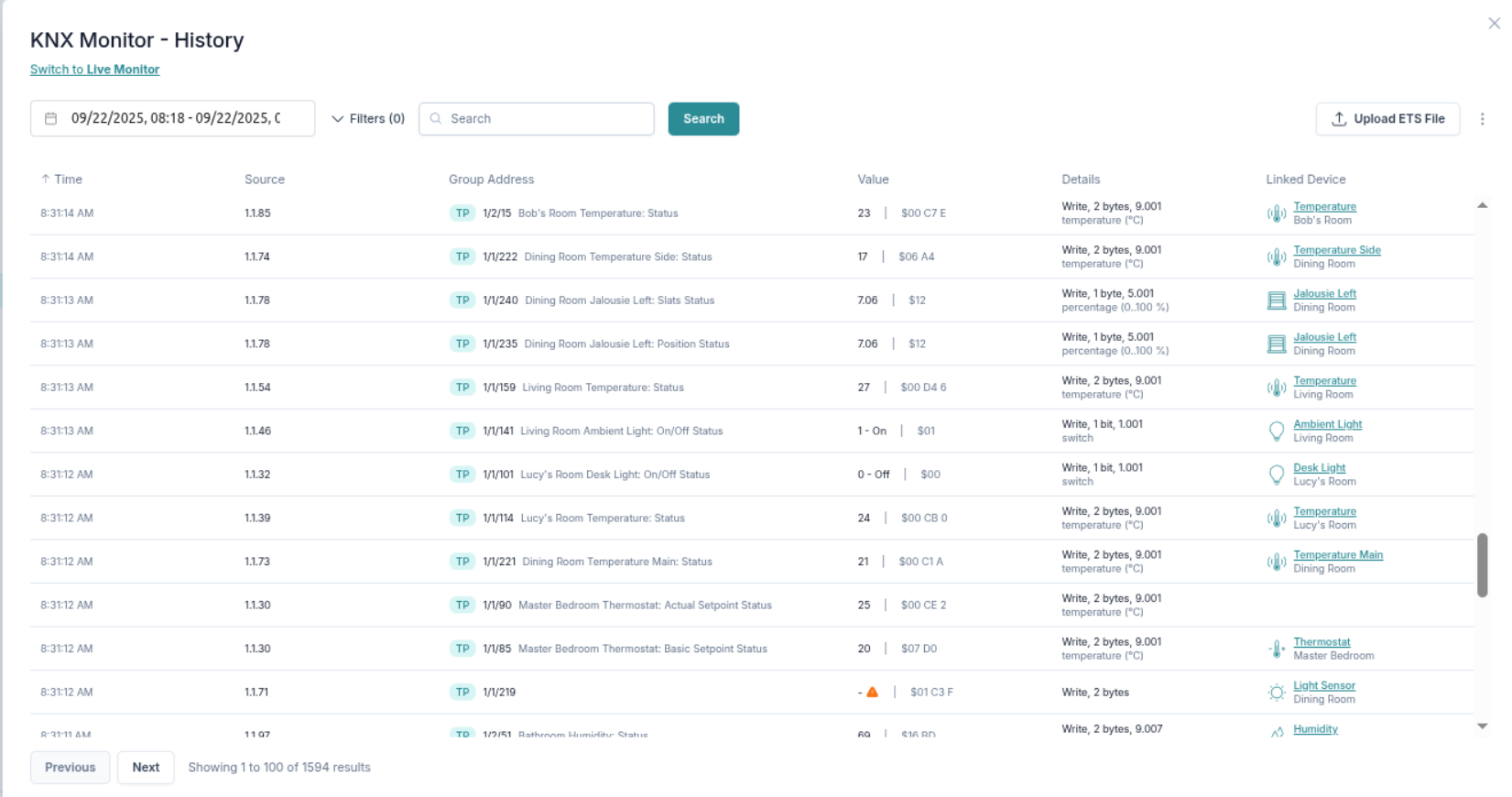 Historial del monitor KNX