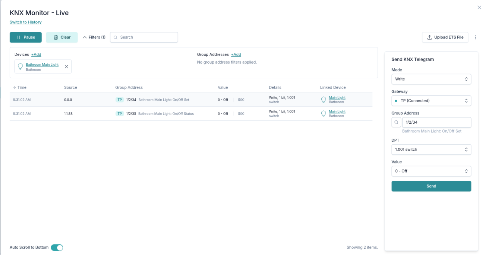 Escritura GA del monitor KNX